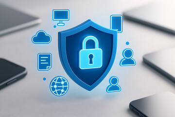 Data protection shield with glowing lock icon for internet and network security concept