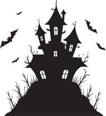 black vector of haunted house with bats in silhouette