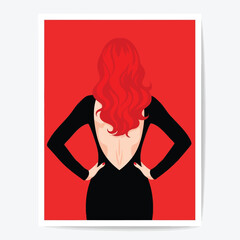 Vector illustration of vector art of elegant woman in black dress with red hair on red background isolated
