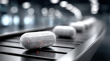 Pills on Conveyor Belt in Pharmaceutical Factory, Automated Production