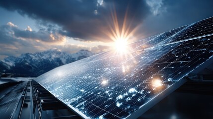 Solar Panel Array with Mountain Backdrop and Bright Sun Flare