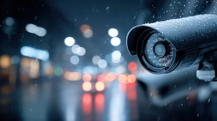 Security Camera Surveillance in the Rain with Bokeh City Lights Background