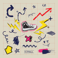 sketchy clip art sticker with arrow shoes and symbols set