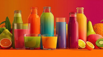   A group of bottles and glasses holding various fruits and veggies alongside oranges, kiwis, apples, and pears