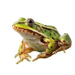 Fototapeta premium Green frog resting on white background showcasing its vibrant colors and details