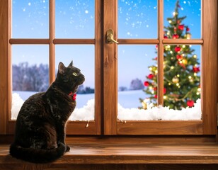 Black cat by a window on a snowy Christmas night