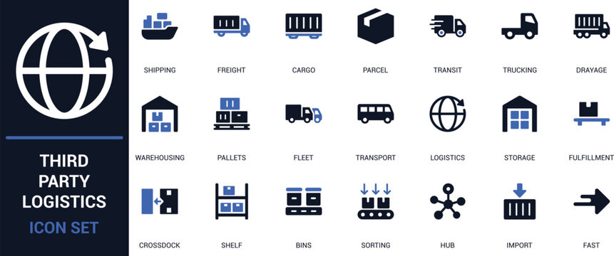 Flat logistics icon set featuring shipping, freight, trucking, cargo, warehousing, pallets, storage, fleet, hub, and sorting symbols. Ideal for delivery, supply chain, and transport projects.