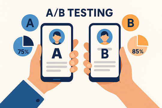 Mobile user interface A/B testing illustration with data comparison and percentages