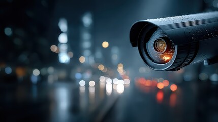 Security Camera Surveillance on Rainy Night with Bokeh Street Lights
