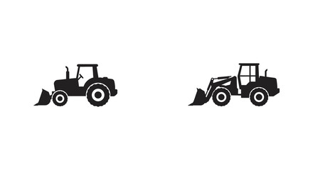 Simple black silhouettes of two different types of tractors depicted