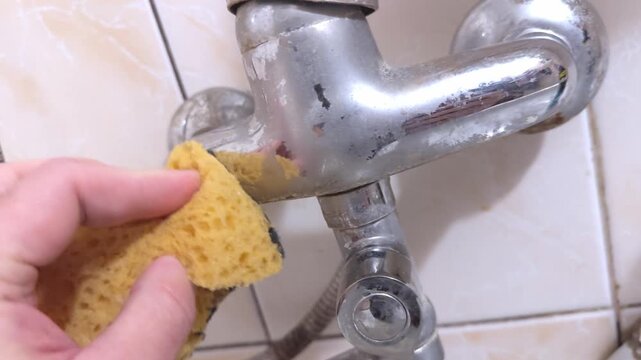 A hand cleaning an old, tarnished water tap with a yellow sponge, focusing on rust and wear