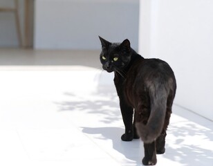 Black cat outdoors on white surface