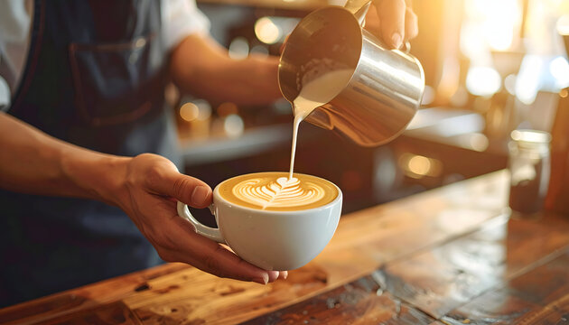 Artistic Coffee Pour: A skilled barista meticulously pours creamy milk into a cup of coffee, creating beautiful latte art within a cozy cafe setting, all bathed in the warm glow of the sunlight.