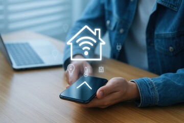 Hand using smartphone with glowing smart home hologram icon representing connected devices, internet of things and digital automation
