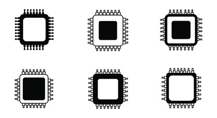 Black and white illustration of six integrated circuit chips top and bottom rows