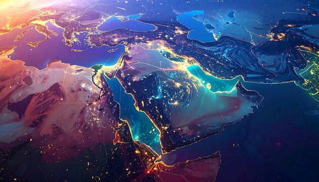 A vibrant, detailed satellite view of the Middle East and North Africa regions, highlighting urban lights and geographical features.
