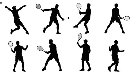 Silhouettes of tennis players and painters in action, worker and athlete figures, sports and labor poses in black vector.
