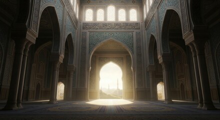 Fototapeta premium Serene Mosque Interior with Sunlit Archway and Prayer Rug
