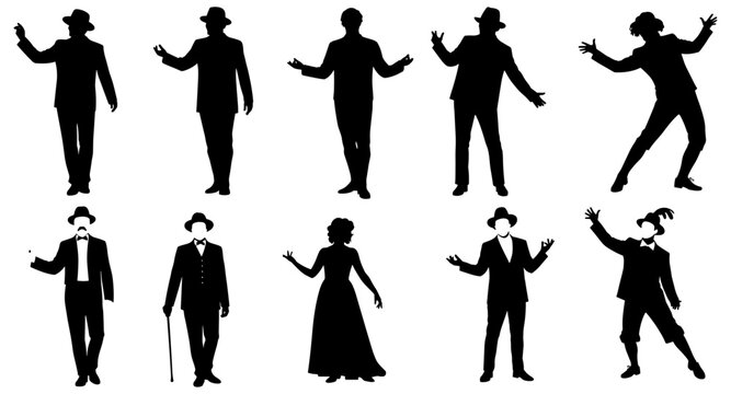 Vintage character silhouette collection, men and women in classic attire, poses of old-fashioned style, 1920s to 1950s inspired.