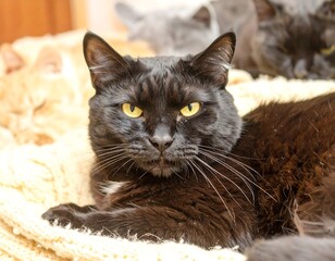 Black cat resting on a beige blanket with other cats out of focus