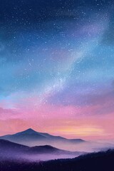 Fototapeta premium Misty mountain range, starry night sky