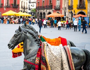 Fototapeta premium Bustling marketplace square with bronze horses