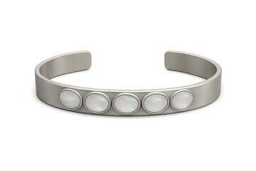 Elegant silver bangle with white pearl inlays isolated on transparent background.