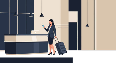Businesswoman arrives at a stylish hotel reception desk with her suitcase after a trip