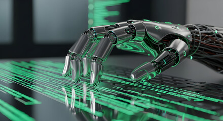 Robotic hand typing on a keyboard with glowing green code reflecting on the surface showcasing artificial intelligence and automation concepts