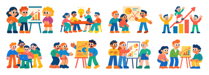 PNG Colorful teamwork business illustrations, element set on transparent background