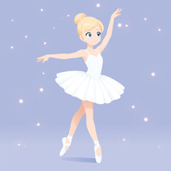 Dancing ballerina in white tutu dress. Vector illustration of cute dancerin flat cartoon style. 
