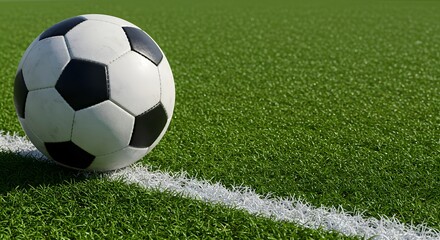 Close-up of a soccer ball on a green field with a white line, representing the sport of soccer and athletic competition