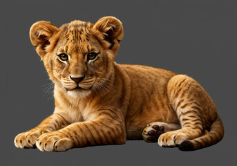 Obraz premium Captivating lion cub portrait showcasing innocent gaze and soft fur, perfect for wildlife and nature projects