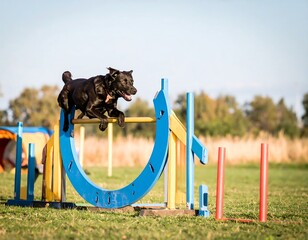 Black dog jumping over colorful agility equipment