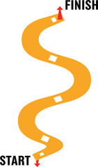 Whimsical winding path with start and finish markers fun cartoon design flat design vector illustration white background