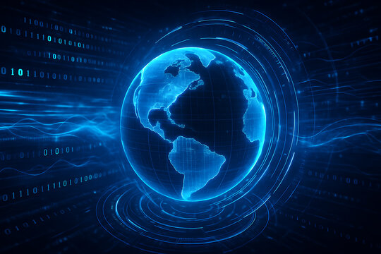 Futuristic glowing digital world map with blue technology network around Earth planet