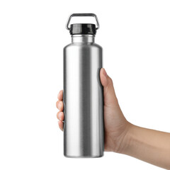 Hand holding a stainless steel water bottle with a sleek design and sturdy cap in bright light