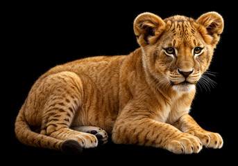 Obraz premium Adorable lion cub with striking golden fur and innocent eyes rests calmly against a black backdrop, perfect for wildlife themes.