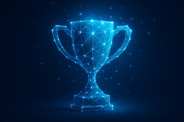 Futuristic glowing digital trophy made from blue polygon mesh wireframe