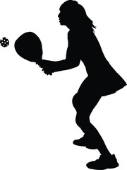 Silhouette of a female pickleball player hitting a ball with a paddle on white background Keywords: pickleball, player, female, silhouette, sport, action
