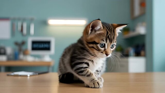 Cute tabby kitten sitting centered on a wooden examination table in a bright veterinary clinic environment.4k hd video download