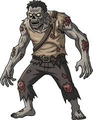 Cartoon zombie, scary undead, glowing eyes, horror monster, Halloween, decayed flesh