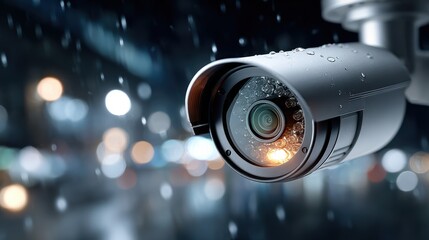 Security Camera Surveillance System on Rainy Night with Bokeh Background