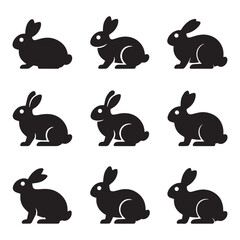 Nine Black Rabbit Silhouettes on White Background