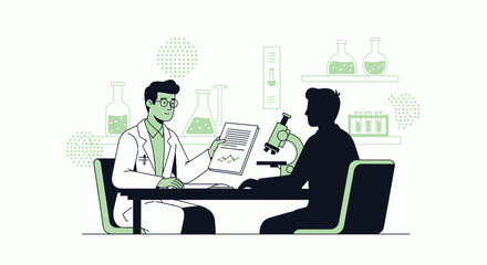 Doctor explaining results of medical test to patient in a laboratory setting
