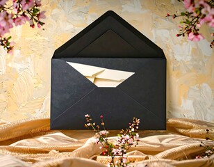Black envelope with cream-colored paper, delicate blossoms