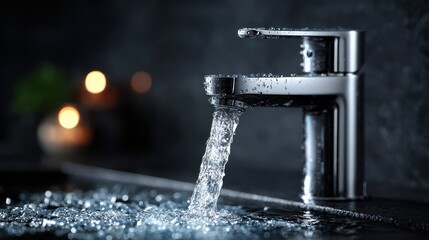 Modern Chrome Faucet with Flowing Water in Dark Bathroom Setting