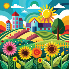 Fototapeta premium summer landscape with sunflowers