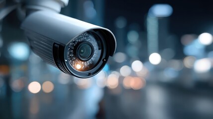 Security Camera Overlooking City at Night, Surveillance and Protection