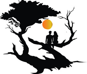 Silhouette of a couple sitting on a tree branch under a sunset sky love romance